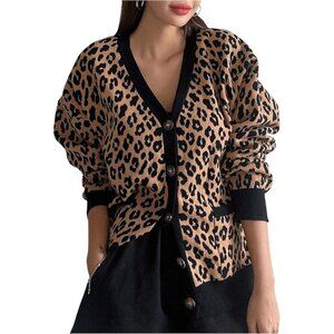 Women's Leopard Print Cardigan Long Sleeve V Neck Loose Sweater Outerwear